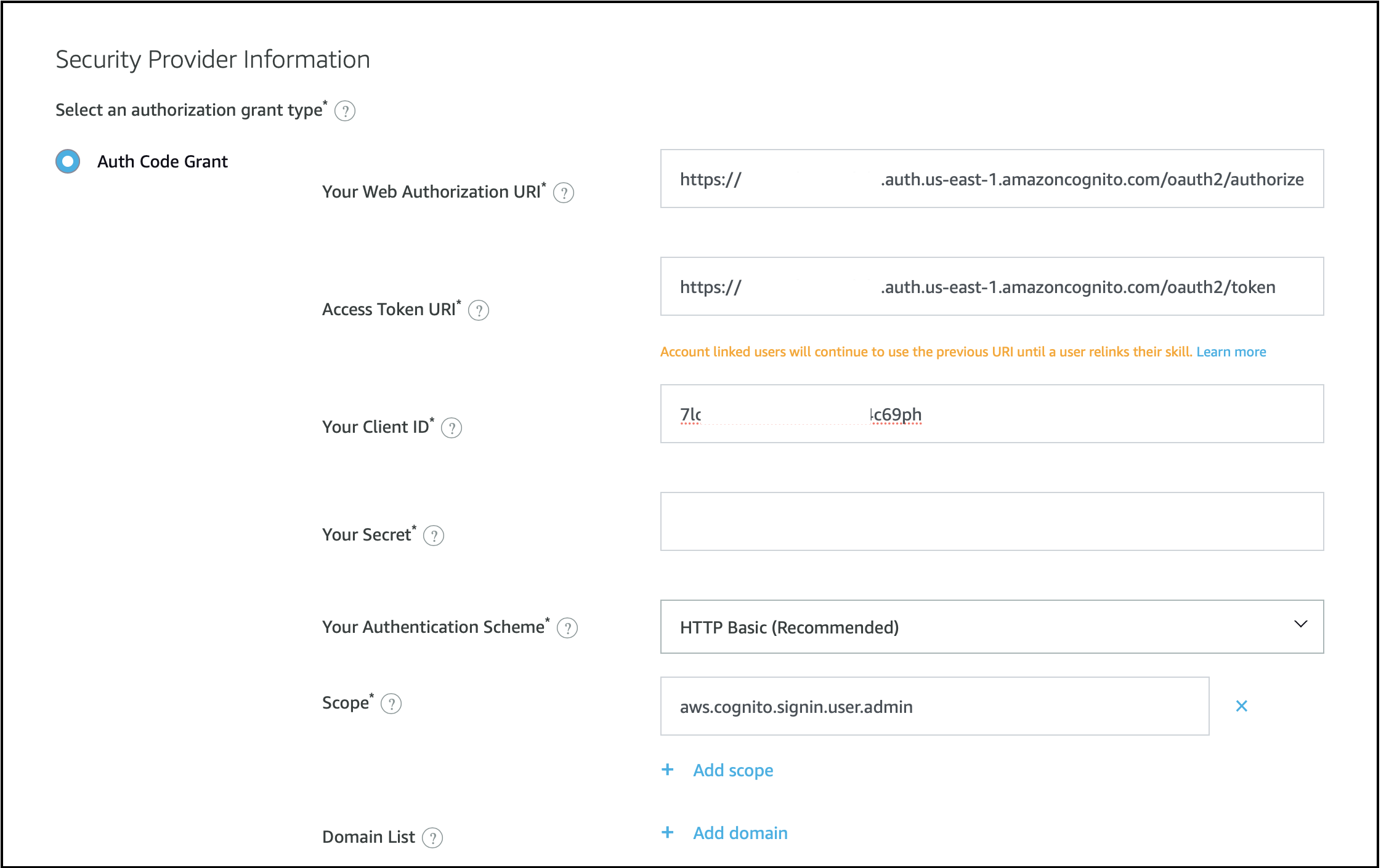 Alexa console account linking